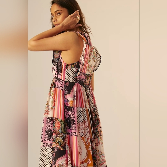 Anthropologie Ruffled Patchwork Midi Dress, Size 10 Petite. - Picture 3 of 10